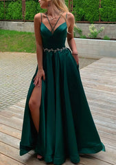 A-line V Neck Sleeveless Satin Sweep Train Corset Prom Dress With Pockets Waistband Split outfit, Bridesmaid Dresses Blues
