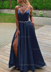 A-line V Neck Sleeveless Satin Sweep Train Corset Prom Dress With Pockets Waistband Split outfit, Bridesmaid Dresses Pinks