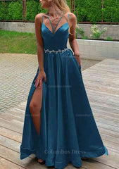A-line V Neck Sleeveless Satin Sweep Train Corset Prom Dress With Pockets Waistband Split outfit, Bridesmaid Dress Pink
