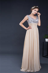 A Line V-Neck Sleeveless Sequins Chiffon Floor Length Corset Prom Dresses outfit, Party Dresses White
