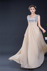 A Line V-Neck Sleeveless Sequins Chiffon Floor Length Corset Prom Dresses outfit, Party Dress In White