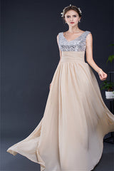 A Line V-Neck Sleeveless Sequins Chiffon Floor Length Corset Prom Dresses outfit, Party Dress Shiny
