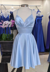 A-line V Neck Sleeveless Short/Mini Charmeuse Corset Homecoming Dress with Pleated Gowns, Prom Dress Backless