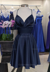 A-line V Neck Sleeveless Short/Mini Charmeuse Corset Homecoming Dress with Pleated Gowns, Prom Dresses Around Me