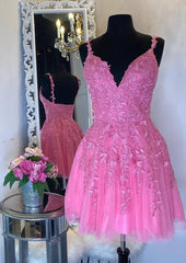 A-line V Neck Sleeveless Short/Mini Tulle Corset Homecoming Dress with Appliqued Beading outfit, Prom Dress Long Open Back