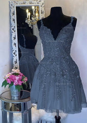 A-line V Neck Sleeveless Short/Mini Tulle Corset Homecoming Dress with Appliqued Beading outfit, Prom Dress And Boots