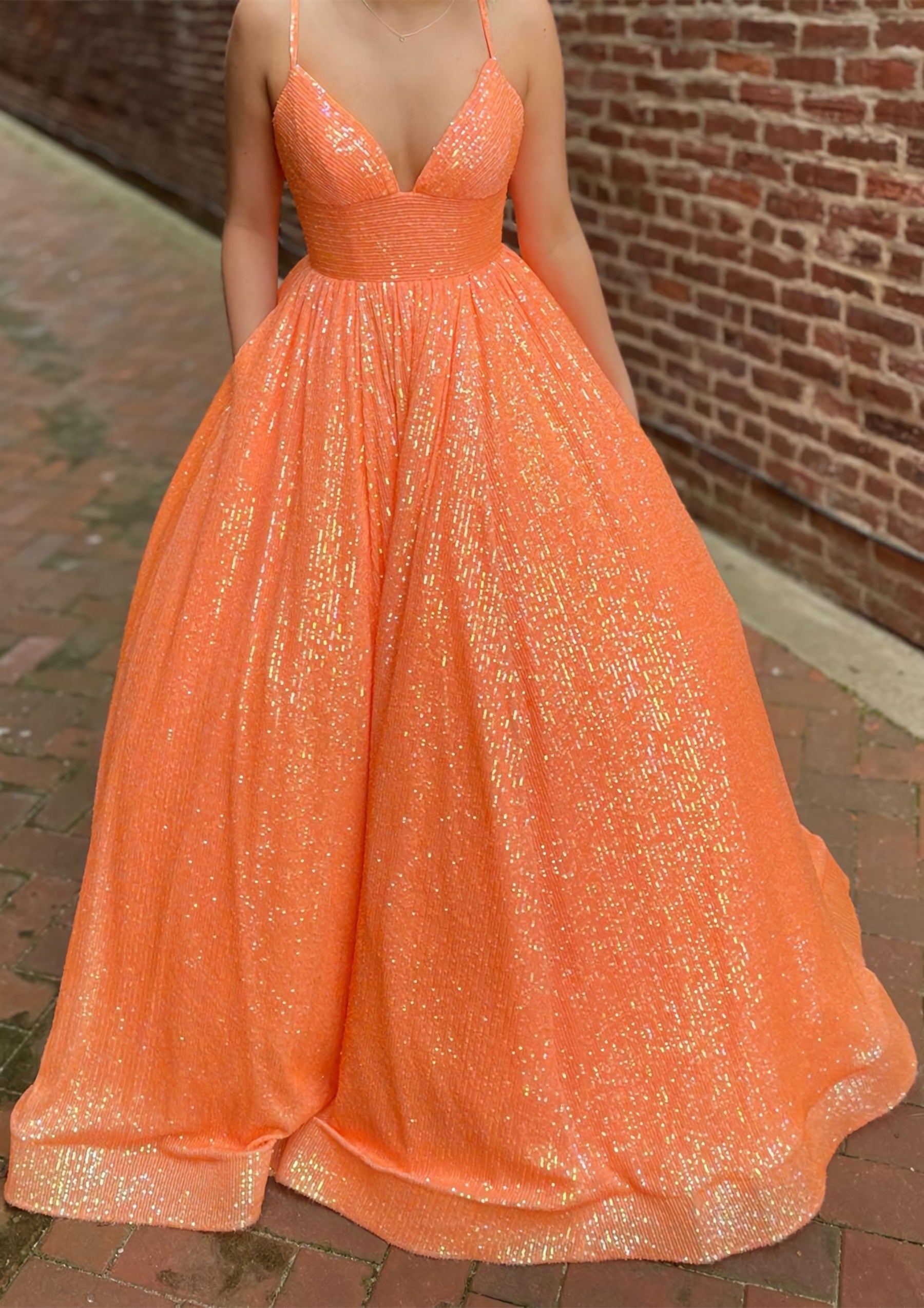 A-line V Neck Sleeveless Sweep Train Sequined Corset Prom Dress with Pockets Gowns, Bridesmaid Dresses Orange