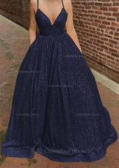 A-line V Neck Sleeveless Sweep Train Sequined Corset Prom Dress with Pockets Gowns, Bridesmaid Dress Gown