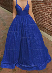 A-line V Neck Sleeveless Sweep Train Sequined Corset Prom Dress with Pockets Gowns, Bridesmaid Dressing Gowns