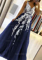A-line V Neck Sleeveless Sweep Train Tulle Corset Prom Dress With Beading Lace outfits, Formal