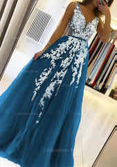 A-line V Neck Sleeveless Sweep Train Tulle Corset Prom Dress With Beading Lace outfits, Short Formal Dress