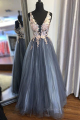 A Line V Neck Smoke Blue Long Corset Prom Dress with Lace Appliques, Floral Smoke Blue Corset Formal Graduation Evening Dress outfit, Light Blue Dress