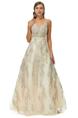 A-line V-neck Spaghetti strap Lace Floor-length Sleeveless Beading Corset Prom Dresses outfit, Boho Dress