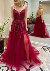 A-line V Neck Spaghetti Straps Chapel Train Tulle Corset Prom Dress With Split Appliqued Gowns, Party Dresses Jumpsuits