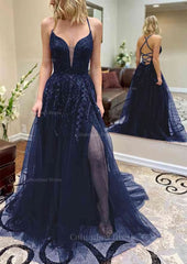 A-line V Neck Spaghetti Straps Chapel Train Tulle Corset Prom Dress With Split Appliqued Gowns, Party Dresses And Jumpsuits