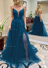 A-line V Neck Spaghetti Straps Chapel Train Tulle Corset Prom Dress With Split Appliqued Gowns, Party Dress Jumpsuit