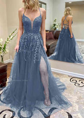 A-line V Neck Spaghetti Straps Chapel Train Tulle Corset Prom Dress With Split Appliqued Gowns, Elegant Dress Classy