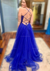 A-line V Neck Spaghetti Straps Court Train Tulle Corset Prom Dress With Split outfit, Prom Dresse Long