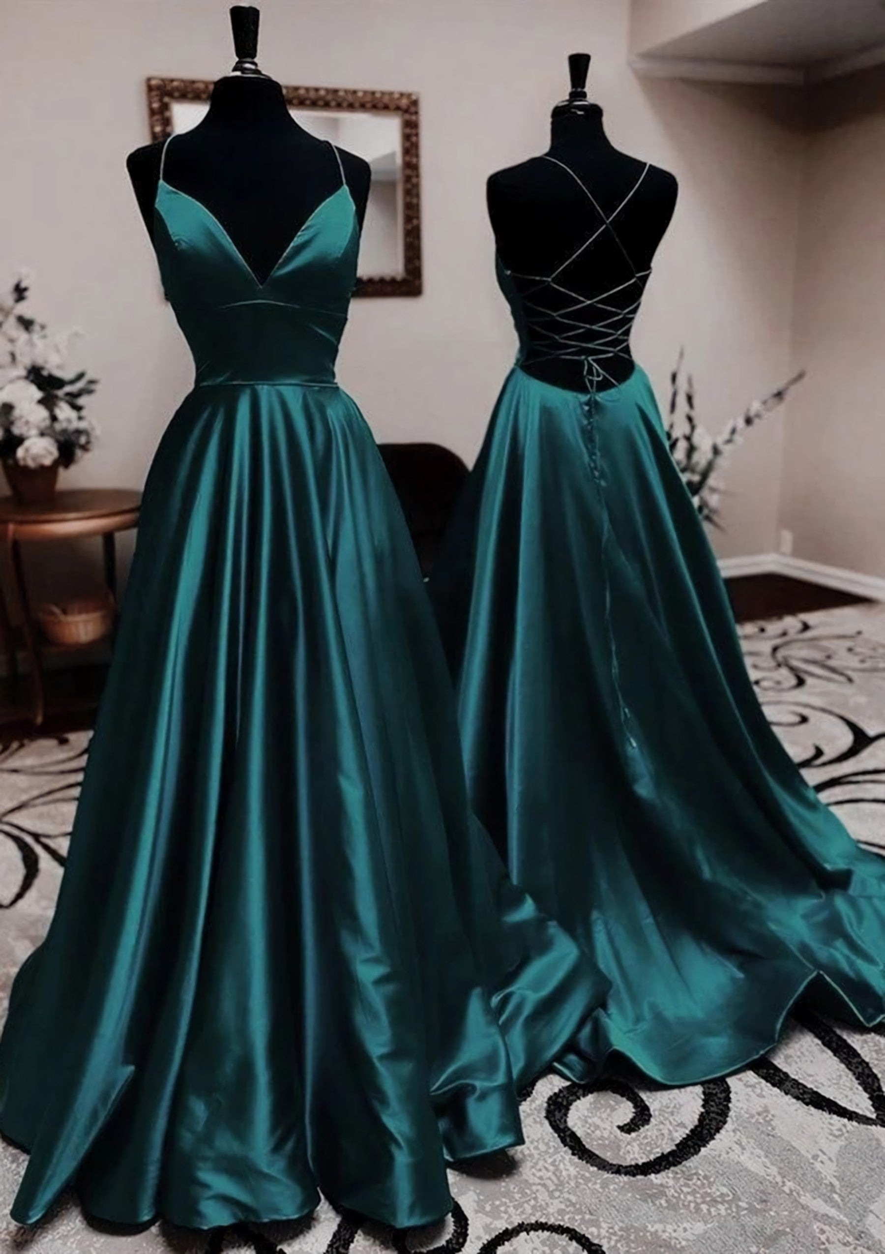 A-line V Neck Spaghetti Straps Long/Floor-Length Charmeuse Corset Prom Dress With Pleated Gowns, Prom Dress Stores Near Me