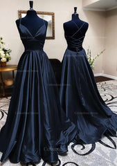 A-line V Neck Spaghetti Straps Long/Floor-Length Charmeuse Corset Prom Dress With Pleated Gowns, Prom Dresses Brands