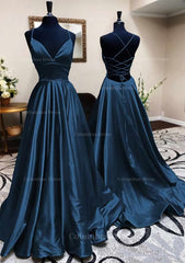 A-line V Neck Spaghetti Straps Long/Floor-Length Charmeuse Corset Prom Dress With Pleated Gowns, Prom Dress Brands