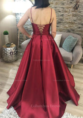 A-line V Neck Spaghetti Straps Long/Floor-Length Charmeuse Corset Prom Dress With Pockets Gowns, Bridesmaid Dresses Vintage