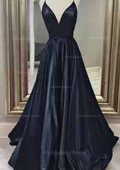 A-line V Neck Spaghetti Straps Long/Floor-Length Charmeuse Corset Prom Dress With Pockets Gowns, Bridesmaid Dresses Summer Wedding