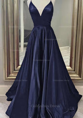 A-line V Neck Spaghetti Straps Long/Floor-Length Charmeuse Corset Prom Dress With Pockets Gowns, Bridesmaids Dresses Summer Wedding