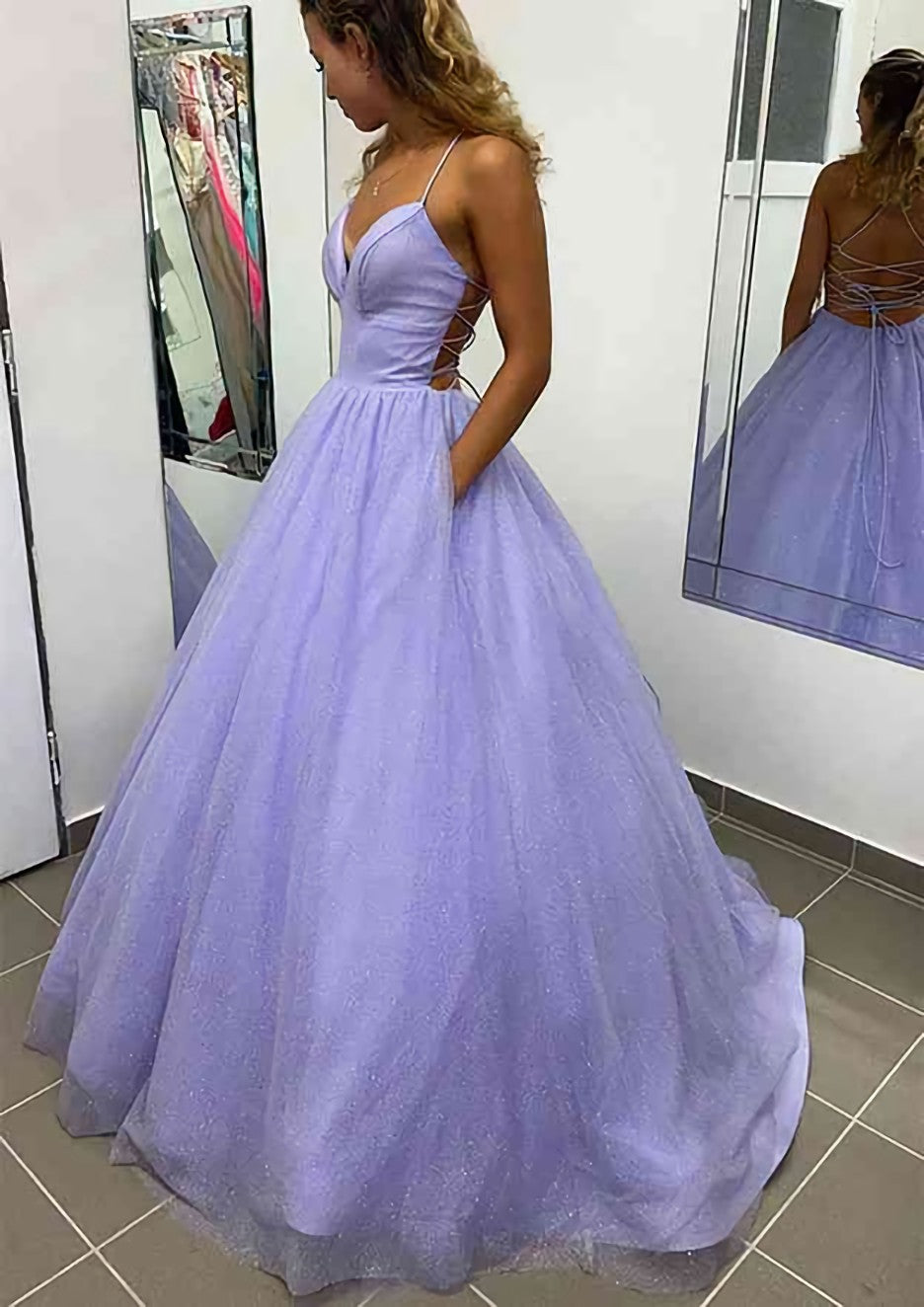 A-line V Neck Spaghetti Straps Long/Floor-Length Glitter Corset Prom Dress With Pockets Gowns, Prom Dress Vintage