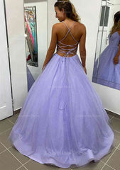 A-line V Neck Spaghetti Straps Long/Floor-Length Glitter Corset Prom Dress With Pockets Gowns, Prom Dresses Prom Dresses