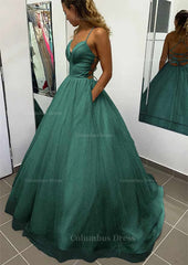 A-line V Neck Spaghetti Straps Long/Floor-Length Glitter Corset Prom Dress With Pockets Gowns, Prom Dresses Prom Dress