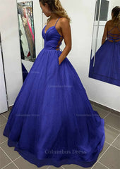 A-line V Neck Spaghetti Straps Long/Floor-Length Glitter Corset Prom Dress With Pockets Gowns, Prom Dress Prom Dresses
