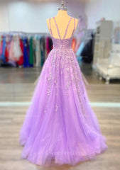 A-line V Neck Spaghetti Straps Long/Floor-Length Lace Corset Prom Dress With Beading outfit, Prom Dress Corset