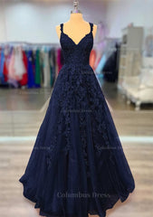 A-line V Neck Spaghetti Straps Long/Floor-Length Lace Corset Prom Dress With Beading outfit, Prom Dresses Boho