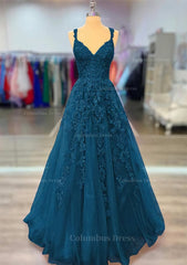 A-line V Neck Spaghetti Straps Long/Floor-Length Lace Corset Prom Dress With Beading outfit, Prom Dresses For Black