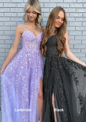 A-line V Neck Spaghetti Straps Long/Floor-Length Lace Corset Prom Dress With Split outfit, Homecoming Dress Shops