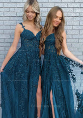 A-line V Neck Spaghetti Straps Long/Floor-Length Lace Corset Prom Dress With Split outfit, Homecoming Dresses Pretty