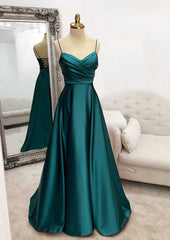 A-line V Neck Spaghetti Straps Long/Floor-Length Satin Corset Prom Dress With Pleated Gowns, Dress Casual