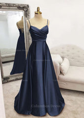 A-line V Neck Spaghetti Straps Long/Floor-Length Satin Corset Prom Dress With Pleated Gowns, Dressy Outfit