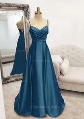 A-line V Neck Spaghetti Straps Long/Floor-Length Satin Corset Prom Dress With Pleated Gowns, Modest Dress