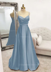 A-line V Neck Spaghetti Straps Long/Floor-Length Satin Corset Prom Dress With Pleated Gowns, Club Outfit For Women