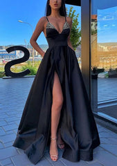 A-line V Neck Spaghetti Straps Long/Floor-Length Satin Corset Prom Dress With Split Pockets Beading outfit, Homecoming Dresses Online