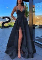 A-line V Neck Spaghetti Straps Long/Floor-Length Satin Corset Prom Dress With Split Pockets Beading outfit, Homecoming Dresses Unique