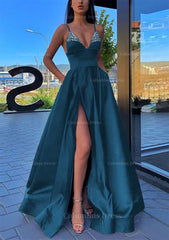 A-line V Neck Spaghetti Straps Long/Floor-Length Satin Corset Prom Dress With Split Pockets Beading outfit, Homecoming Dress 2052