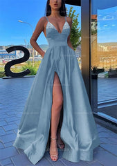 A-line V Neck Spaghetti Straps Long/Floor-Length Satin Corset Prom Dress With Split Pockets Beading outfit, Homecoming Dress Websites