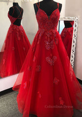 A-line V Neck Spaghetti Straps Long/Floor-Length Tulle Corset Prom Dress With Appliqued Beading outfit, Prom Dress Spring