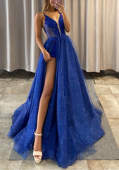 A-line V Neck Spaghetti Straps Long/Floor-Length Tulle Corset Prom Dress With Appliqued Glitter Split Left outfit, Short Black Dress