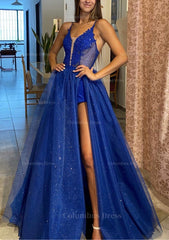 A-line V Neck Spaghetti Straps Long/Floor-Length Tulle Corset Prom Dress With Appliqued Glitter Split Left outfit, Prom Dresses Long