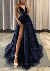 A-line V Neck Spaghetti Straps Long/Floor-Length Tulle Corset Prom Dress With Appliqued Glitter Split Left outfit, Prom Dresses Short