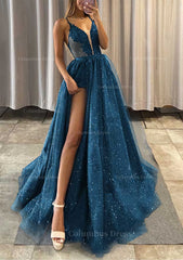 A-line V Neck Spaghetti Straps Long/Floor-Length Tulle Corset Prom Dress With Appliqued Glitter Split Left outfit, Prom Dress Ideas
